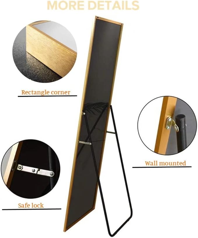 Full Length Mirror with Stand, 64" x 21" Free Standing Floor Mirror, Full Body Mirrors, Hanging or Wall Mounted Mirrors for Bedroom, Rectangle Shape, Metal Frame,Gold
