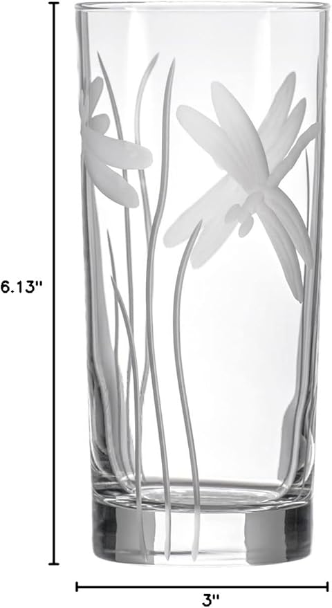 Rolf Glass Dragonfly Highball Glass 15 ounce - Set of 4 Cooler Glasses – Lead-Free Glass - Etched Drinking Glass with Heavy Base - Made in the USA