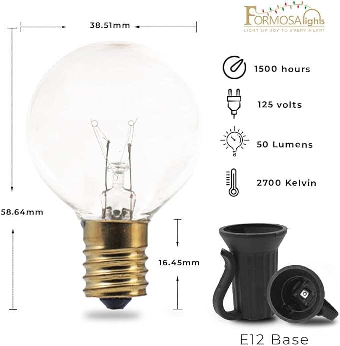 G40 26ft Indoor/Outdoor Clear Incandescent Christmas String/Patio Light with 25 Bulbs and E12 Base | 120V, 5W