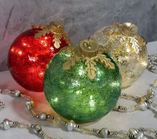 Glass Tabletop Christmas Ornaments|Pre-Lit with Soft White LEDs for Tabletop Xmas Home Party Centerpiece Mantel (3pc)