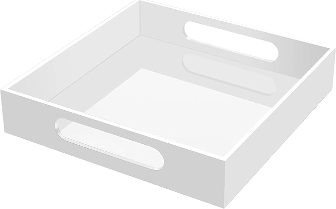 Home Decorative Coffee Table Tray, 10"x10" Elegant Acrylic Serving Trays with Handles Works for Eating, Breakfast, Makeup Drawer Organizer,Bathroom Vanity Table,Ottoman Tray, White
