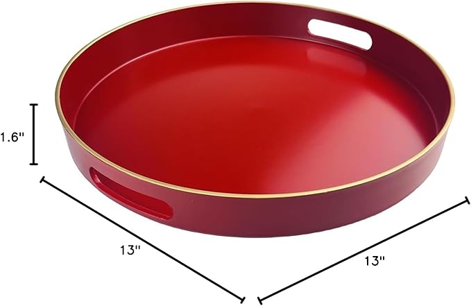 Red Decorative Tray, Serving Tray with Handles, Round Decorative Tray for Coffee Table, 13 Inch Plastic Tray for Ottoman, Living Room, Bathroom, Home Decor.