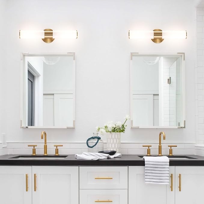 Gold Bathroom Wall Sconces Set of 2, Brass Wall Sconce with Mikly White Glass Shade, Modern Sconces Wall Lighting, Vanity Light Fixtures, Wall Lights for Mirror Living Room Bedroom Hallway Stairs