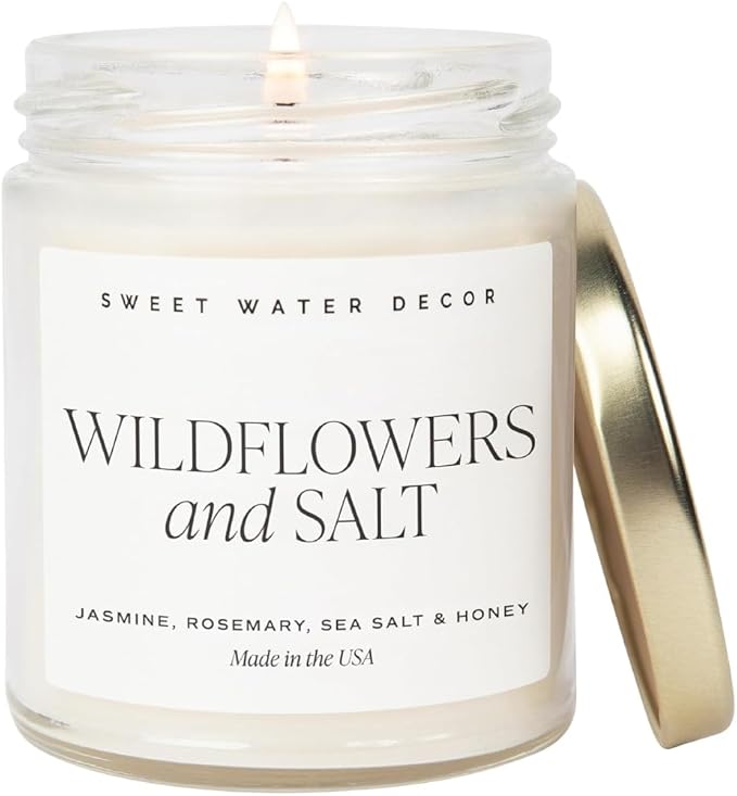 Sweet Water Decor Wildflowers and Salt Soy Candle - Lemon, Rosemary, Leafy Green and Jasmine Spring Candles for Home - 9oz Clear Jar + Gold Lid, 40+ Hour Burn Time, Made in The USA