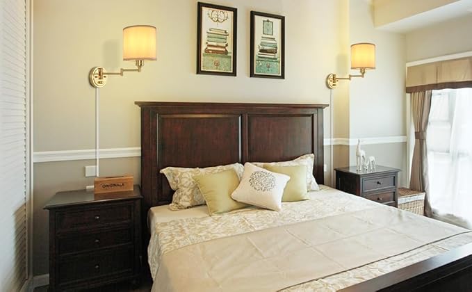 Plug in Wall Sconces with Remote Control, Dimming 10%-100% & Adjustable Colors 2700K-6500K, Hardwire or Plug-in, Swing Arm Wall Lamp with White Fabric Shade, Wall Sconces Set of Two, Gold Finish