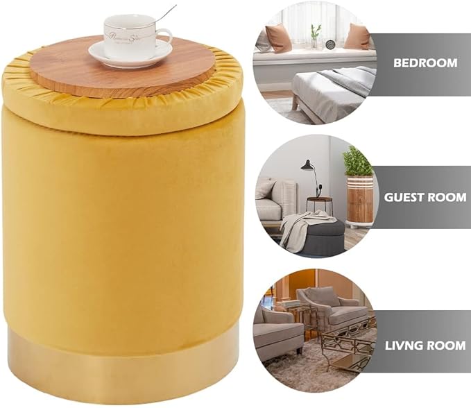 Mxfurhawa Velvet Storage Ottoman Multipurpose Footrest Stool with Metal Base Modern Round Vanity Stool Chair Ottoman Foot Stools Support 300 lbs Padded Seat for Living Room (Ginger)