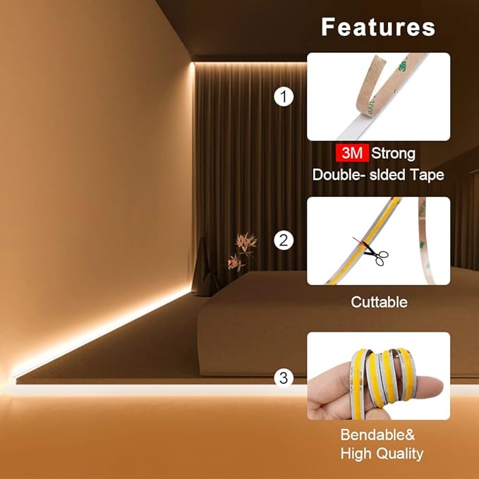 8mm 3000K Warm White COB LED Strip 24V DC Light Tape 480LEDs/m 16.4FT RA>90 High Lumen for House Kitchen Room House Ceiling Dedroom Decorative Lighting (DC24V, Without Power Supply)