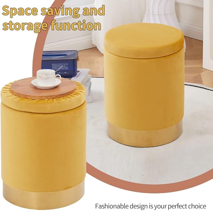 Mxfurhawa Velvet Storage Ottoman Multipurpose Footrest Stool with Metal Base Modern Round Vanity Stool Chair Ottoman Foot Stools Support 300 lbs Padded Seat for Living Room (Ginger)