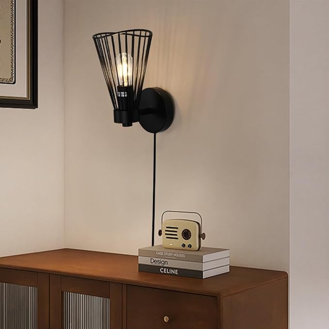 Plug in Wall Sconce Indoor, Industrial Wall Sconces, Farmhouse Wall Lamp with Plug in Cord, Vintage Black Wall Lights with On/Off Switch, Metal Wall Light Fixture for Living Room Bedroom Rustic, E26