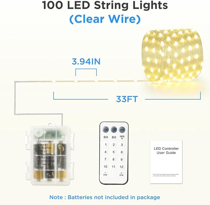 Battery Operated String Lights (2 Pack), 33ft 100 LED Warm White & Multicolor Fairy String Lights Battery Powered w/Remote & Timer for Indoor Outdoor Christmas Trees Decoration Bedroom Patio