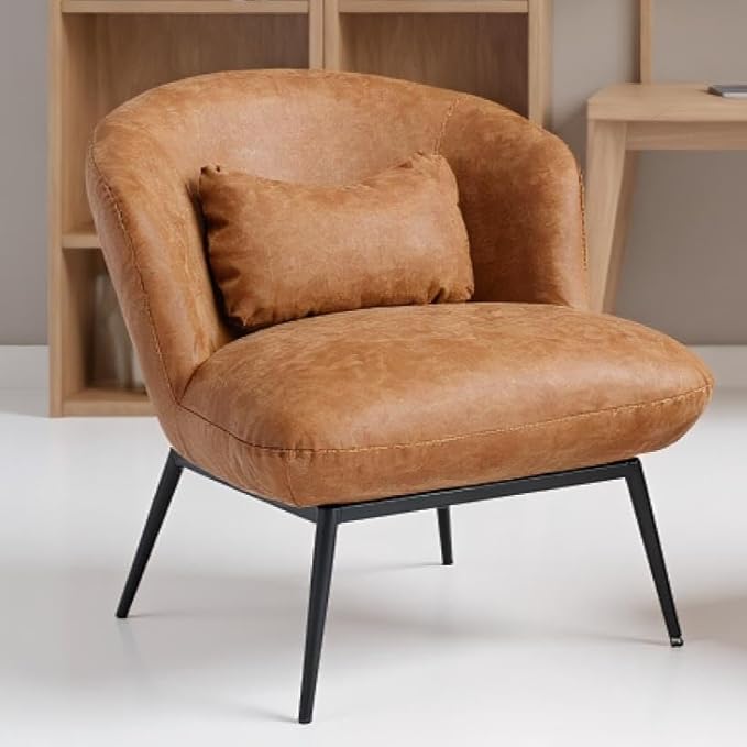 LukeAlon PU Leather Single Sofa Chair, Modern Upholstered Accent Chair with Metal Legs and Pillow Cute Living Room Chair Wide Seat Slipper Chair for Bedroom Reception Area, Brown