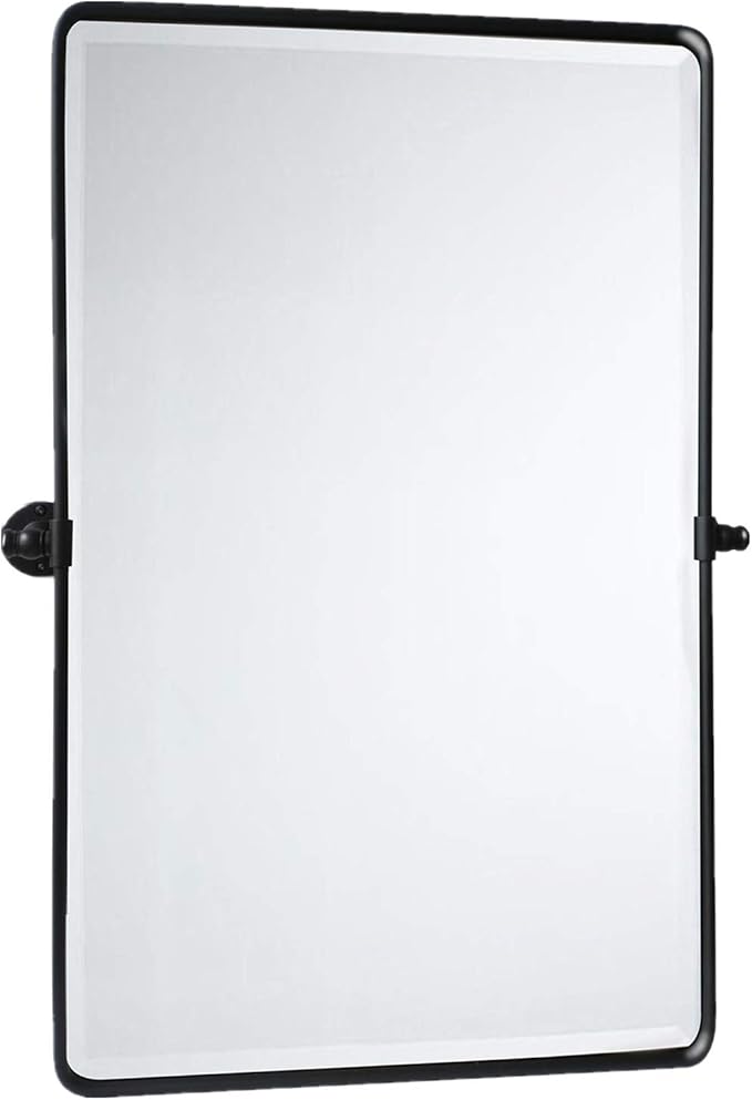 TEHOME Matt Black Pivot Rectangle Bathroom Vanity Mirrror Farmhouse Tiltable Rounded Metal Framed Pivoting Bathroom Mirror with Beveled Mirrror, Overall 27 x 35 inches (Mirrror 23 x 35 inches)