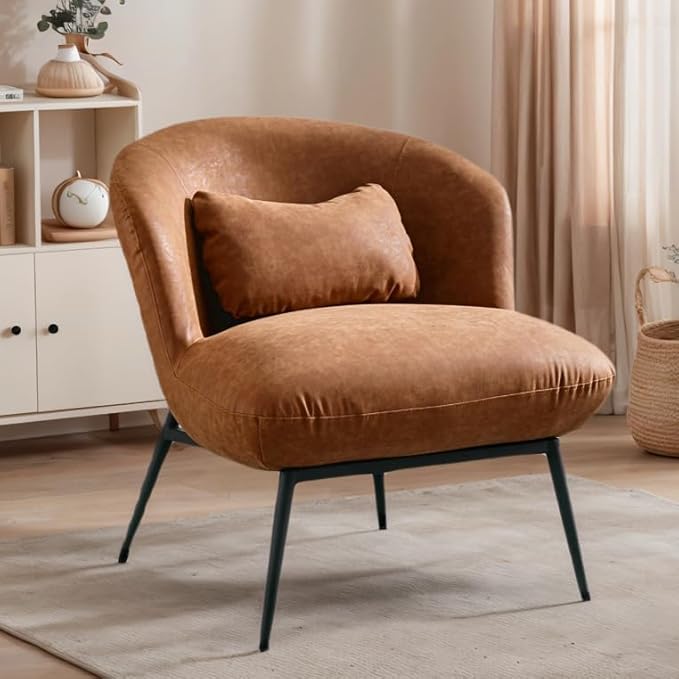 LukeAlon PU Leather Single Sofa Chair, Modern Upholstered Accent Chair with Metal Legs and Pillow Cute Living Room Chair Wide Seat Slipper Chair for Bedroom Reception Area, Brown