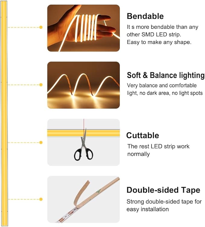 5mm Ultra Thin COB LED Strip 24V Ice Blue Color 16.4FT, RA>90 High CRI LED Tape Light, Cuttable Flexible, IP30 for Indoor House Kitchen Room Decor