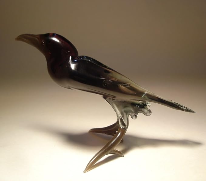 Glass Black Bird Raven Crow Figurine Blown Glass Handmade