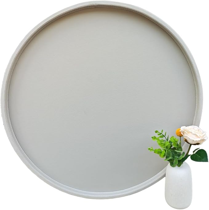 25-inch Round Ottoman Serving Tray - Textured PU Leather Coffee Table Decor, Waterproof Heat-Resistant Large Organizer for Home, Office, Bed & Party Essentials (Tranquil Beige, 25)