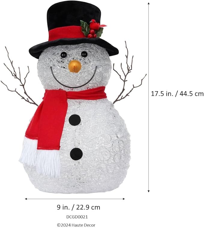 Haute Decor 17 inch Tall Spun Acrylic Snowman with Battery Operated LED Lights - Christmas and Winter Holiday Decoration for Table, Mantel, Counter, Hearth, Desk