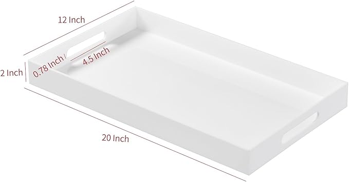 Glossy White Acrylic Serving Tray with Handles-Butler Trays for Coffee Table, Snacks,Breakfast in Bed, Kitchen Countertop,Vanity,Makeup Organizer,Ottoman (White, 12x20 Inches)