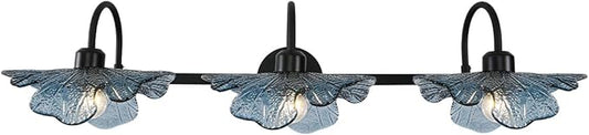 3 Light Bathroom Vanity Light Black Wall Sconce with Blue Flower Glass Shade Bathroom Wall Light Vintage Wall Sconce Art Deco Vanity Lights Over Mirror for Bedroom Hallway Living Room
