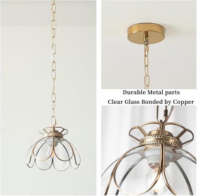Yifi Glass Pendant Light Fixture, Brass Ceiling Pendant Lighting, Adjustable Chain Gold Mini Chandelier, Elegant Flower Hanging Lamp for Kitchen Island Dining Room Living Room Cafe Shops, Clear
