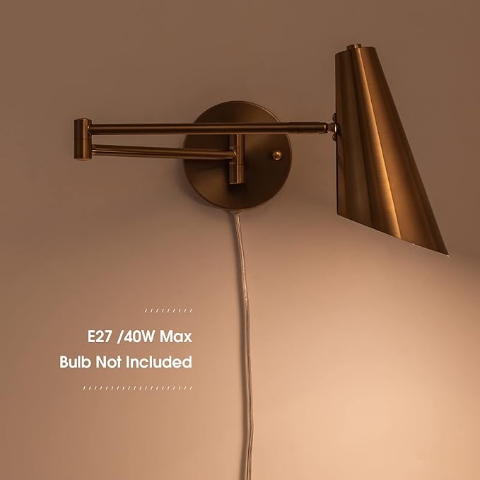 Plug in Wall Sconce Set of 2, Brass Swing Arms Wall Light Plug-in Wall Lamp for Bedroom Living Room Wall Lamp