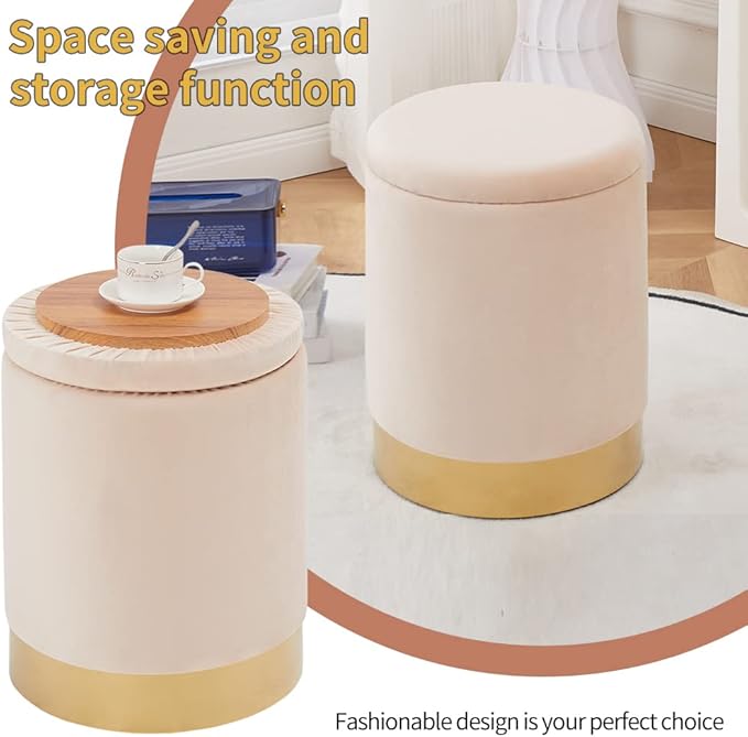 Mxfurhawa Velvet Storage Ottoman Multipurpose Footrest Stool with Metal Base Modern Round Vanity Stool Chair Ottoman Foot Stools Support 300 lbs Padded Seat for Living Room (Champagne)
