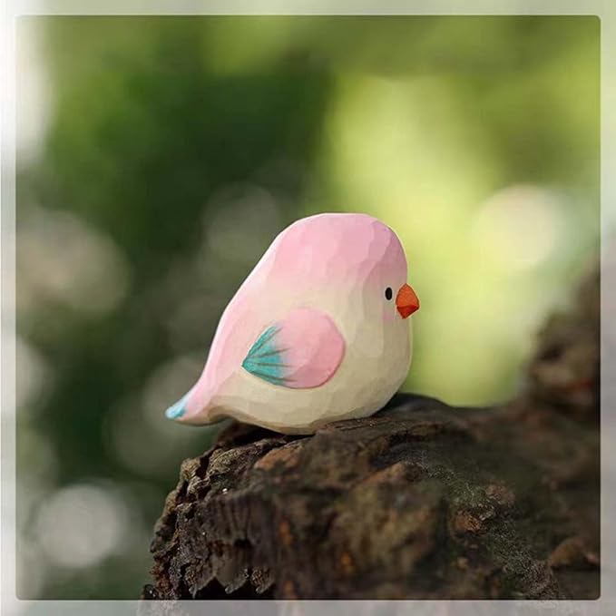 Bird Figurines Small Bird Figurines Home Decor Hand Carved Painted Wooden Statues for Home Decor, Gift for Bird Lovers,Housewarming, Birthday, Christmas (Pink)