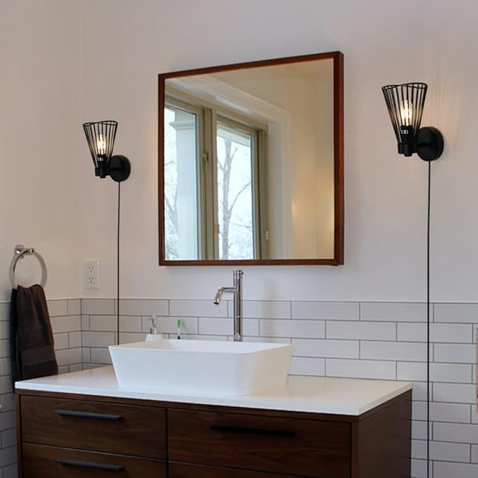 Plug in Wall Sconce Indoor, Industrial Wall Sconces, Farmhouse Wall Lamp with Plug in Cord, Vintage Black Wall Lights with On/Off Switch, Metal Wall Light Fixture for Living Room Bedroom Rustic, E26