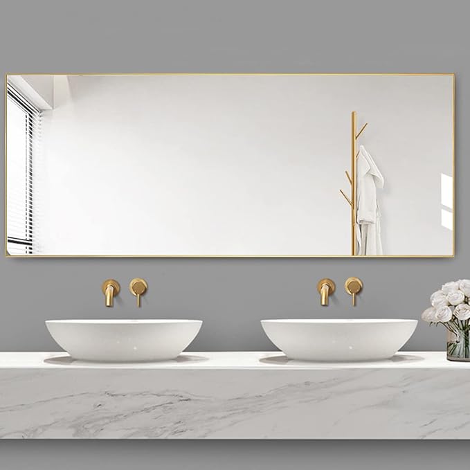Full Length Mirror with Stand, 64" x 21" Free Standing Floor Mirror, Full Body Mirrors, Hanging or Wall Mounted Mirrors for Bedroom, Rectangle Shape, Metal Frame,Gold
