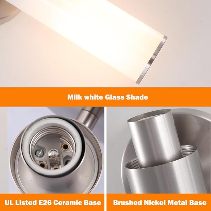 Brushed Nickel Wall Sconces Set of 2, Modern Bathroom Sconces with Mikly White Glass, Sconces Wall Decor Set of Two, Vanity Light Fixture over Mirror, Hardwired Wall Mount Lamps for Bedroom Hallway