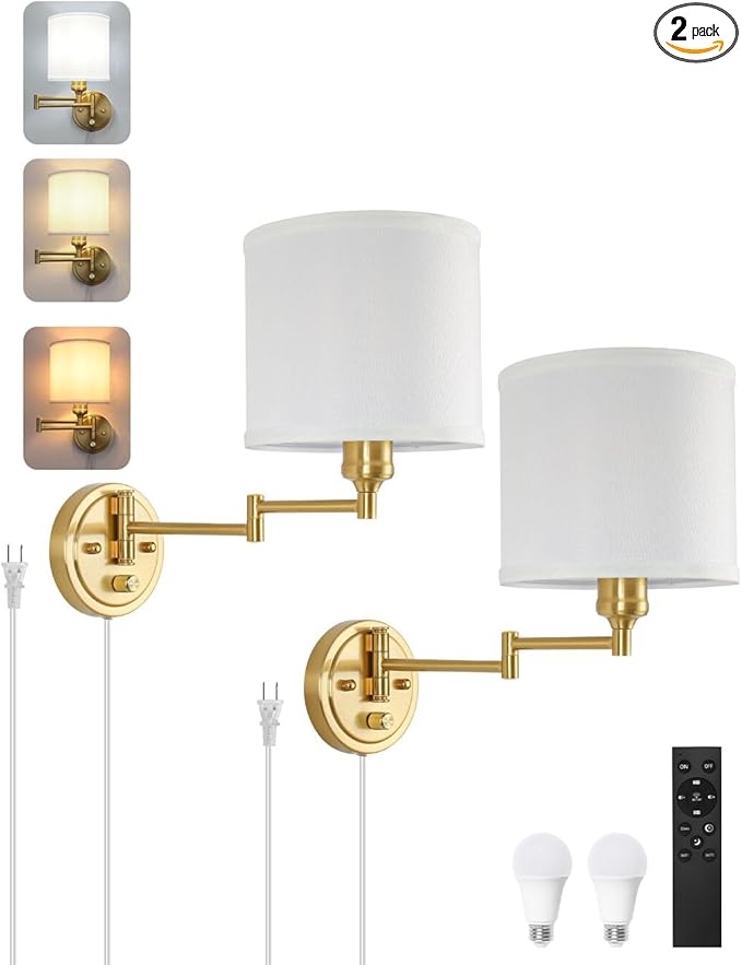 Plug in Wall Sconces with Remote Control, Dimming 10%-100% & Adjustable Colors 2700K-6500K, Hardwire or Plug-in, Swing Arm Wall Lamp with White Fabric Shade, Wall Sconces Set of Two, Gold Finish