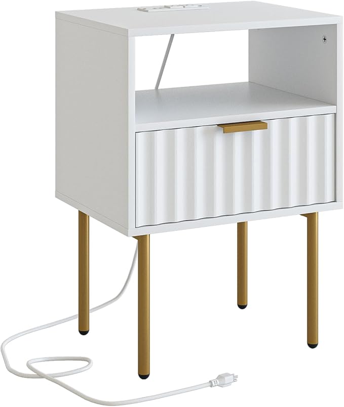 Masupu Nightstand with Charging Station,Mid-Century Modern Bedside Table with Storage Drawer and Open Wood Shelf,Small Gold Frame Side Table for Bedroom,Living Room (White Fluted)