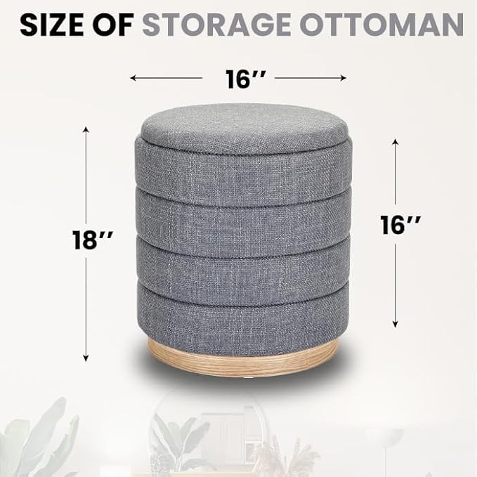 Round Ottoman with Storage โ Elegant Durable Linen Upholstered Footrest Bench for Living Room, Cylinder Vanity Stool โ Grey