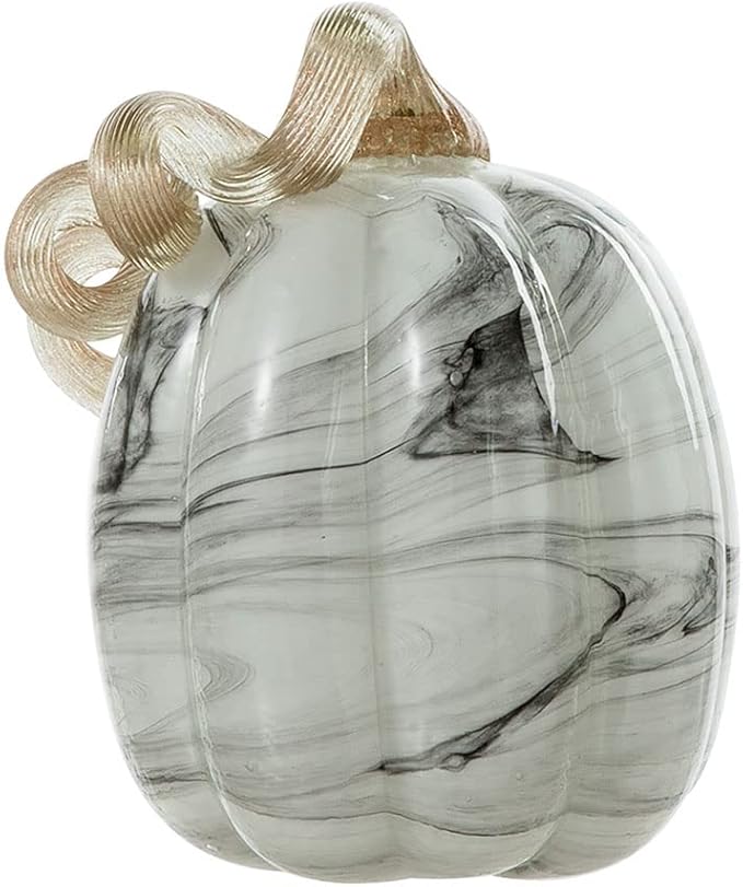 Glitzhome Hand Blown Glass Pumpkin Table Accent for Fall Harvest Thanksgiving Halloween Decorations Gray Marble 5.71" H