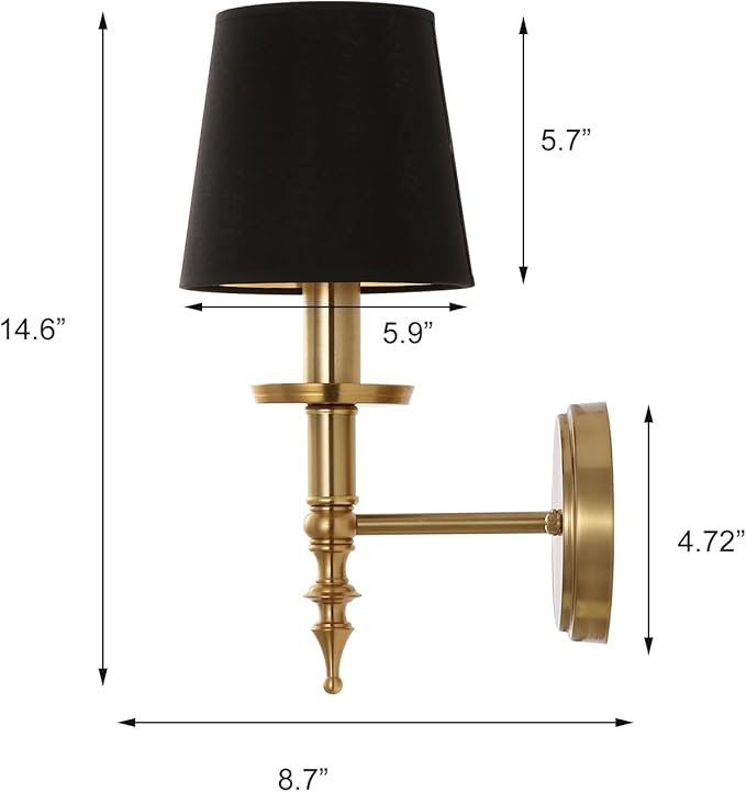 Modern Wall Sconce Industrial Mid Century Bathroom Vanity Wall Light Brushed Brass Finished Frame and Black Linen Shade Wall Mount Lights for Living Room Bedroom Stairs Corridor Mirror