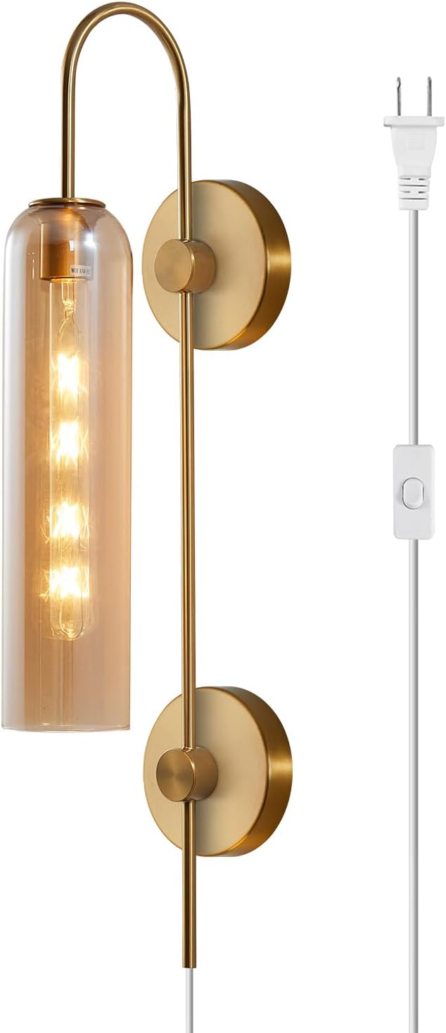 BOKT Modern 1-Light Amber Glass Wall Sconce Plug in Mid Century Brass Gold Wall Sconce Lighting Plug in Cord Industrial Vintage Indoor Long Bathroom Bar Wall Lamp (Amber)