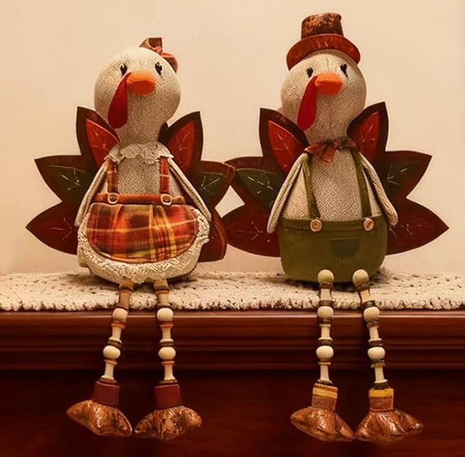 Thanksgiving Tabletop Decoration Stuffed Turkey, 12"*17" Turkey Shelf Sitting,Animals Figurines, Couple Doll Handmade Ornaments Fall Decor for Mantel Fireplace (1SET 2PCS)
