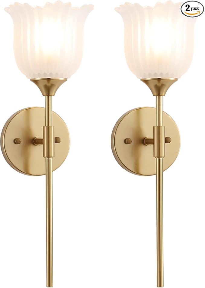 Gold Wall Sconce Set of 2 with Frosted Glass Shades Modern Mid Century Bathroom Vanity Wall Light Fixtures Industrial Brushed Brass Wall Lamp for Bedroom Mirror Living Room Restaurant