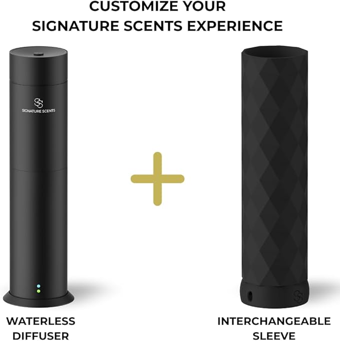 Waterless Essential Oil Hotel Scent Diffuser - Cold Air Diffuser - Covers 1000 sq. ft. - Waterless Diffuser for Home, Office & Hotel (Black + Interchangeable Sleeve) (Black + Matte Black Sleeve)
