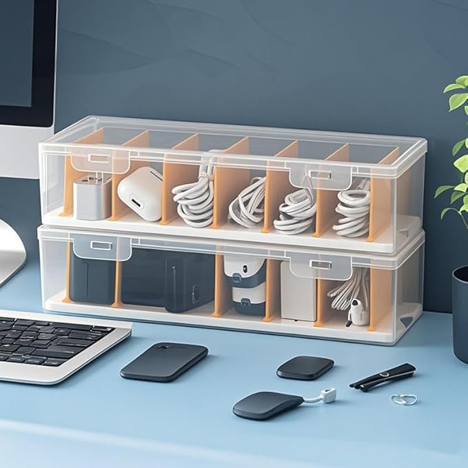 2-Pack Clear Cable Organizer Box with 20 Reusable Cable Ties, Cord Management Case for Phone Chargers, Wires, Electronics. Desk Drawer Storage Organizer for Home, Office