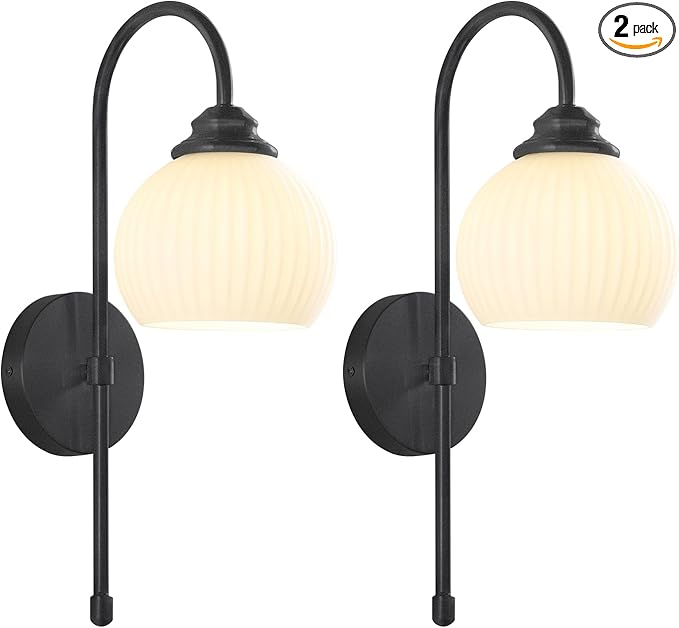 KCO Lighting Vintage Milk Glass Wall Sconce Industrial Black Globe Wall Sconce Set of 2 Mid Century Bathroom Vanity Light Frosted Glass Modern Sconces Wall Lighting