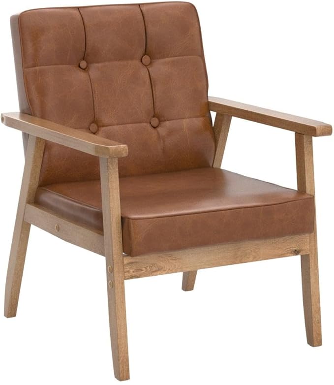 Okeysen Accent Chairs Set of 2, Mid Century Modern Accent Chair, Retro Wood and Leather Armchairs Side Chair, Lounge Reading Comfy Arm Chair for Living Room, Bedroom, Office(Brown)