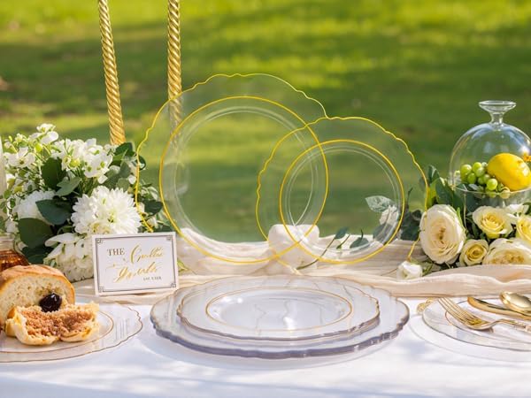 Liacere 150PCS Clear Gold Plastic Plates - Disposable Plastic Silverware with Glitter Bamboo Handle Cutlery-Baroque Clear Gold Disposable Plates for Wedding & Party & Thanksgiving &Fall Decor
