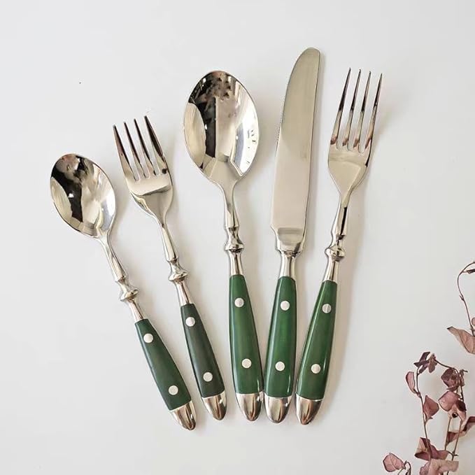 20-Piece Silverware Set, Stainless Steel Flatware Set, Service for 4, Vintage Cutlery Set with Green Bakelite Handle, Mirror Polished | Rustic | Dishwasher Safe