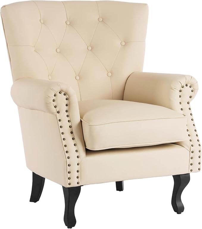 MOJAY PU Leather Accent Chair, Mid-Century Modern Armchair Living Room Club Chair with Tufted Button & Rivet Trim, Upholstered Sofa Chair with Sturdy Wood Legs for Bedroom (Ivory White)