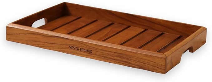 Vesta Homes Large Teak Wood Serving Tray for Home, Kitchen, Breakfast, Restaurant, Office Organizer, Dining Table | Premium Wooden Tray |15 * 10 * 1.5 Inches | Handmade in India