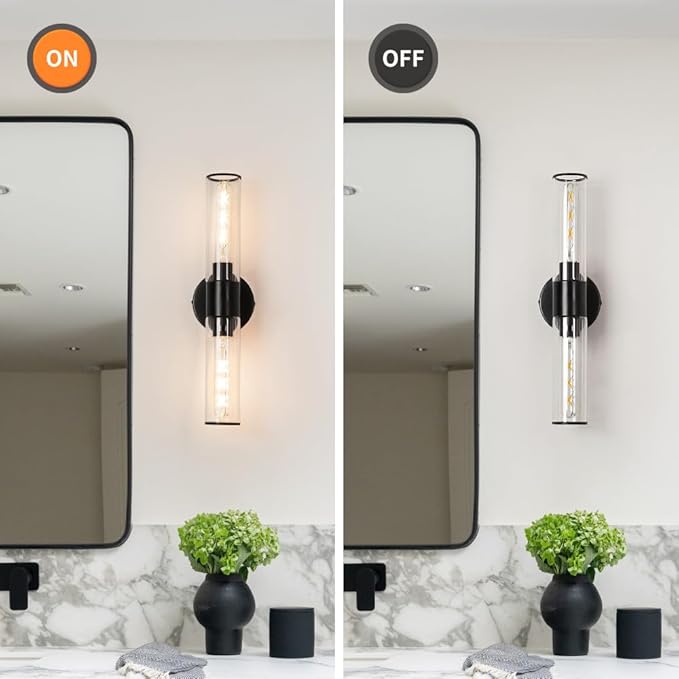 Matte Black Bathroom Sconces Wall Lighting, 2 Light Hardwired Bathroom Vanity Light, Modern Wall Sconce set of Two, Wall Mounted Light for Mirror, Makeup Vanity, Washroom, Hallway (Bulbs Not Included)