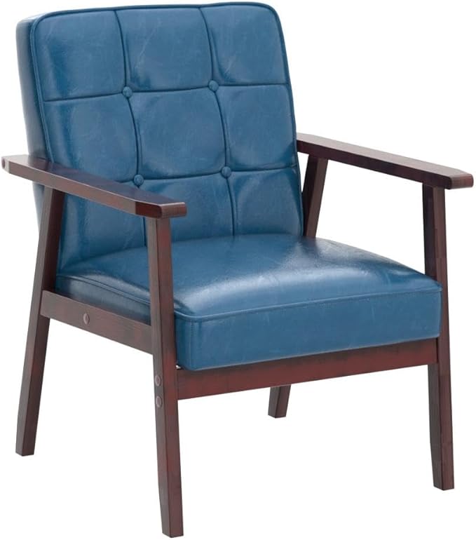 Okeysen Mid Century Modern Accent Chairs, Retro Wood and Leather Armchairs Side Chair, Lounge Reading Comfy Arm Chair for Living Room, Bedroom, Office (Blue)