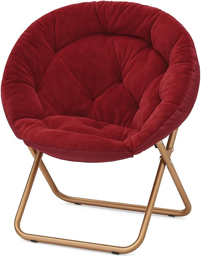 Magshion Saucer Chair for Adults, Comfy Living Room Lounge Chair for Bedroom Corner, Dorm, Apartment, Faux Fur Fluffy Circle Accent Seat with Thick Padded & Folding Metal Frame (Burgundy)