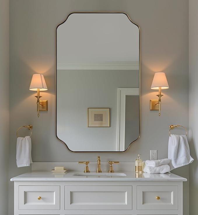 ANDY STAR 24"x40" Gold Mirror, Brushed Brass Scalloped Wall Mirror, Unique Rectangle Mirror, Bathroom Vanity Mirror in Anti-Rust Stainless Steel Metal Frame 1’’ Deep, Hangs Vertically/Horizontally